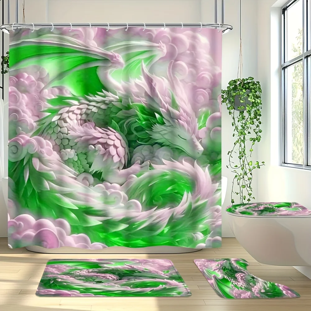 

4pcs Shower Curtain Set with Green and Pink Flying Dragon in the Clouds, 12 Hooks Included Home Decor Bath Mat, Non-Slip
