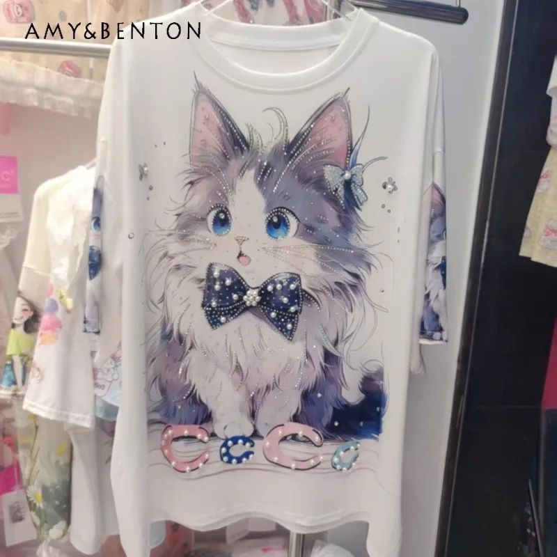 

Heavy Industry Beads Diamond Drills Korean Style Cartoon Girl Cool Crew Neck T-Shirt Sweet Loose Short Sleeved Top Summer Tshirt