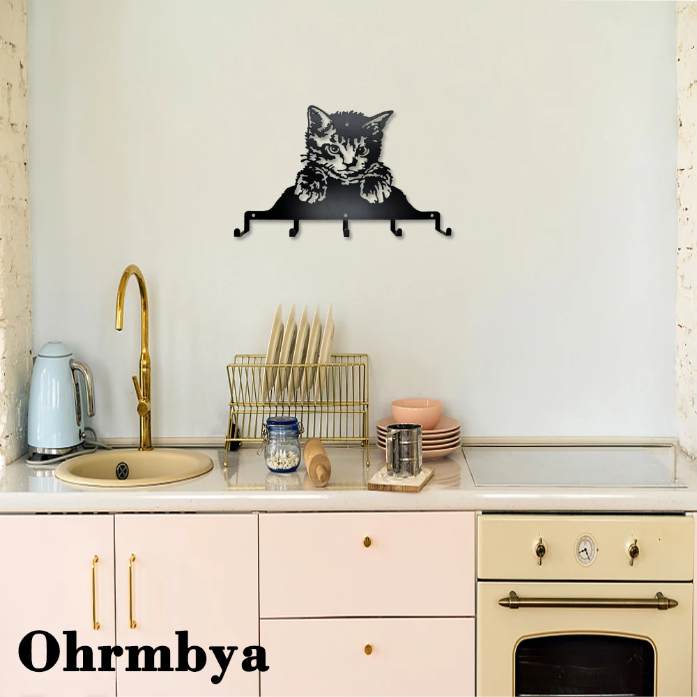 Cute Kawaii Metal Key Holder Black Key Hooks Wall Mount Hanger Decor Hanging Organizer Rack Decorative with 5 Hooks Cat Pattern