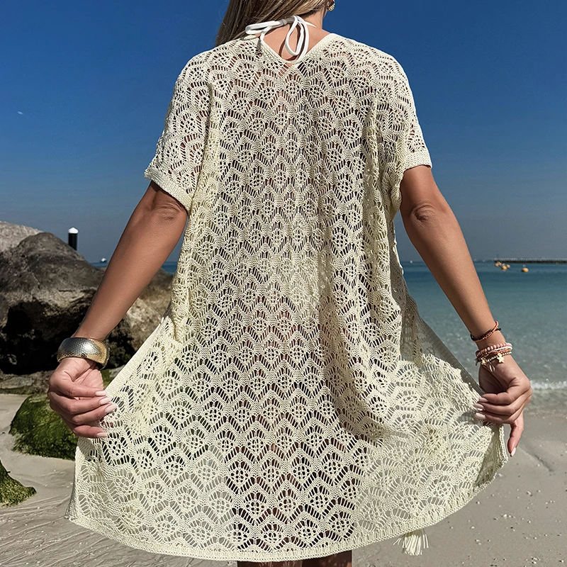 Fashion Style Solid Color Knitting Hollow Out Side Slit Dress Summer Beach Holiday Casual Loose Bikini Cover Up Sunscreen Dress