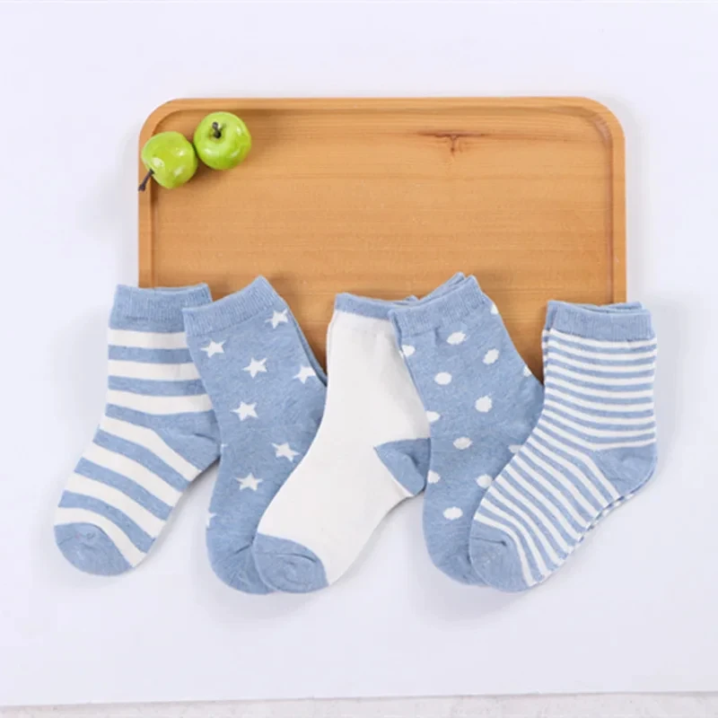 5 pairs of children's spring and autumn socks, fashionable striped socks for boys and girls, cotton fabric, baby mid tube socks