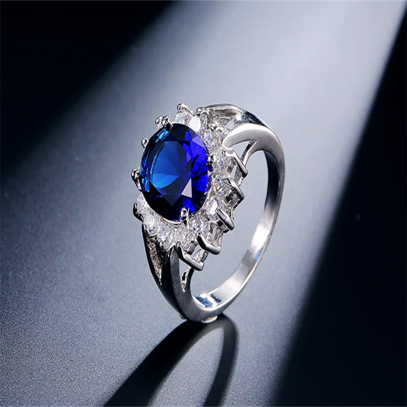 Uilz European And American Fashion Oval Egg Shaped Sapphire Blue Zircon Ring For Women Elegant Wedding Party Jewelry