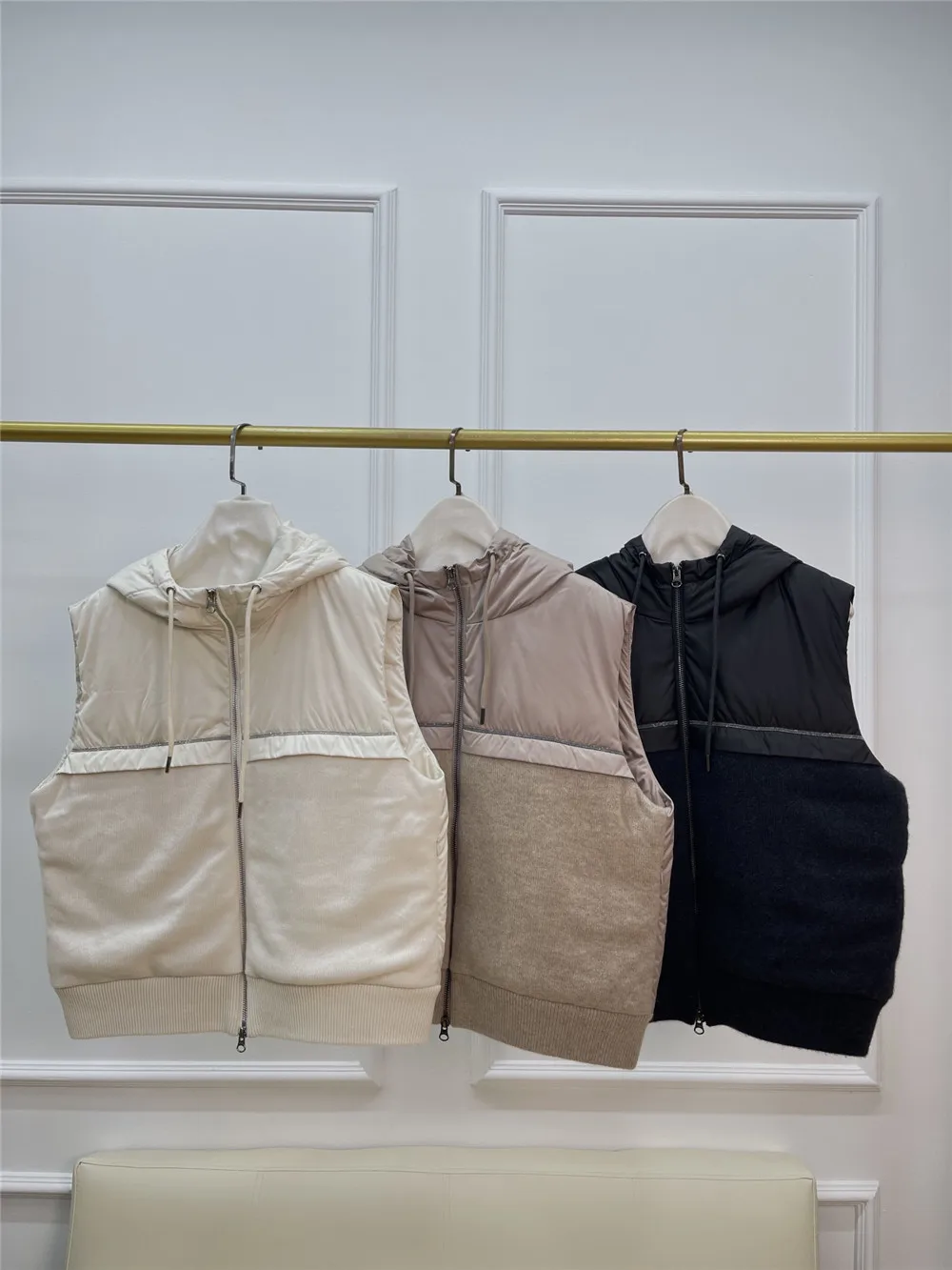 Autum Winter High-End Cashmere Splicing Down Vest Jacket Women Hooded Sleeveless Zipper Coat