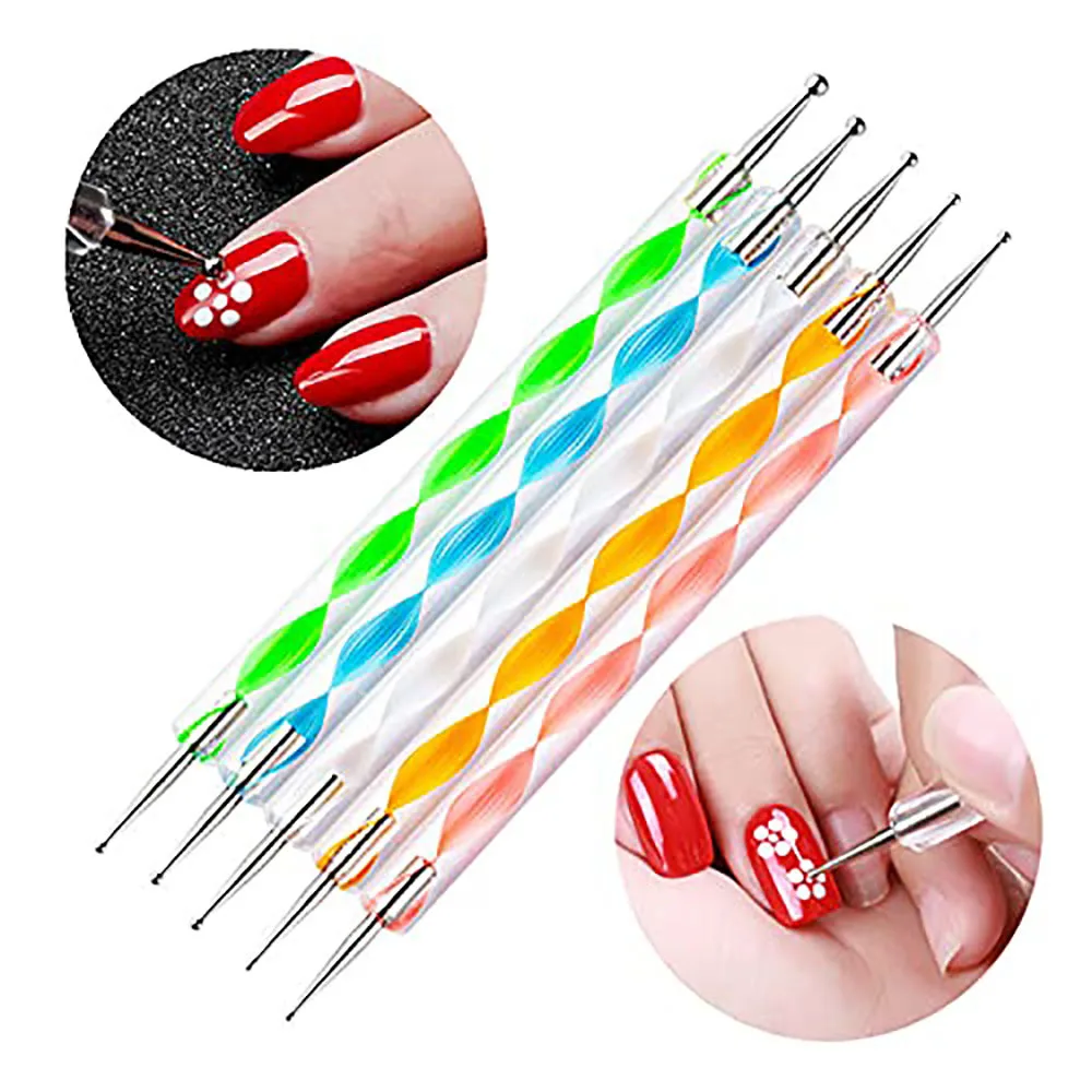 Dual-Ended Metal Ball End Nail Art Pontilhando Caneta, Dicas, Crystal Beads Handle, Desenho, Pintura, Strass, Ferramentas de Manicure, 5pcs, Conjunto