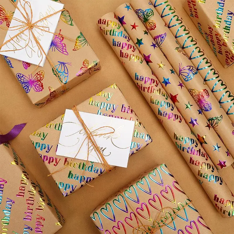 43x300cm Happy Birthday Valentine's Day Gift Wrapping Paper Retro Yellow Kraft Paper Colorful Bronzing Wrapping Paper
