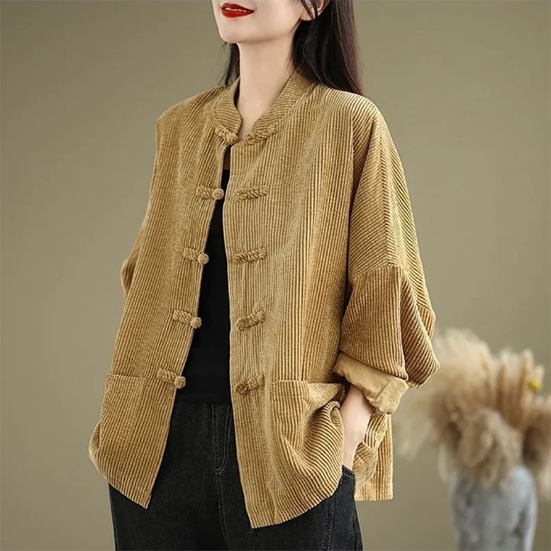 2026 New Retro Corduroy Jacket Women Spring Autumn With Improved Tang Style Loose Single-breasted Stand Coat Female Top