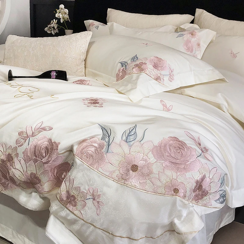 4Pcs Luxury Flowers Embroidery Bedding Set 600TC Egyptian Cotton Duvet Cover Bed Sheet/Fitted Sheet Pillowcases Queen King Size