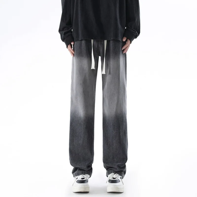 2025 Men's summer American retro casual straight leg versatile loose and simple washed, vintage wide leg denim pants EF-332