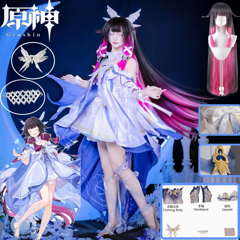 

Columbina Hyposelenia Cosplay Costume Genshin Impact Moon Maiden Blue Lolita Dress Eyepatch Hair Accessories Wig Set for Party
