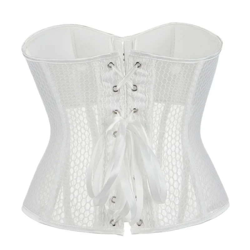 Women Lace Up Sexy Transparent Mesh Boned Corset Overbust Bustier Lingerie Bodyshaper Top Corsets Top