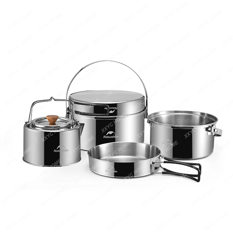 Stainless Steel Three-in-One Outdoor Portable Camping Picnic Pot Set Camping Cookware Kitchenware Kettle Pot