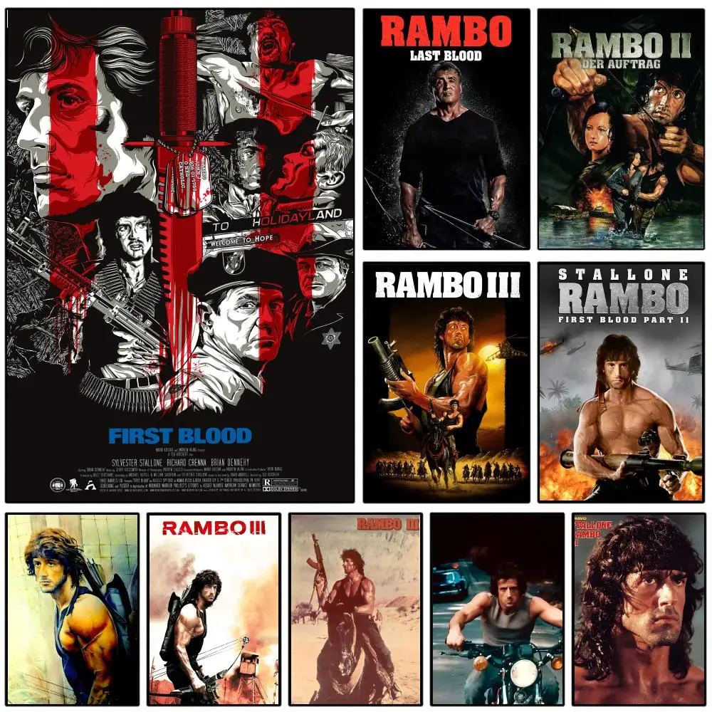 Moive Rambo F-First B-Blood Poster Self-adhesive Art Waterproof Paper Sticker Coffee House Wall Decor
