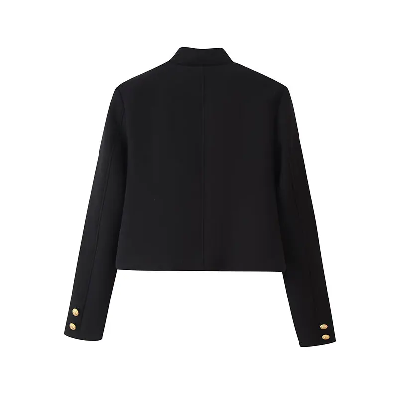 Nlzgmsj 2026 Autumn Women Stand Collar Cropped Blend Jacket Asymmetric Gold Button Decor Long Sleeve Vintage Short Coat