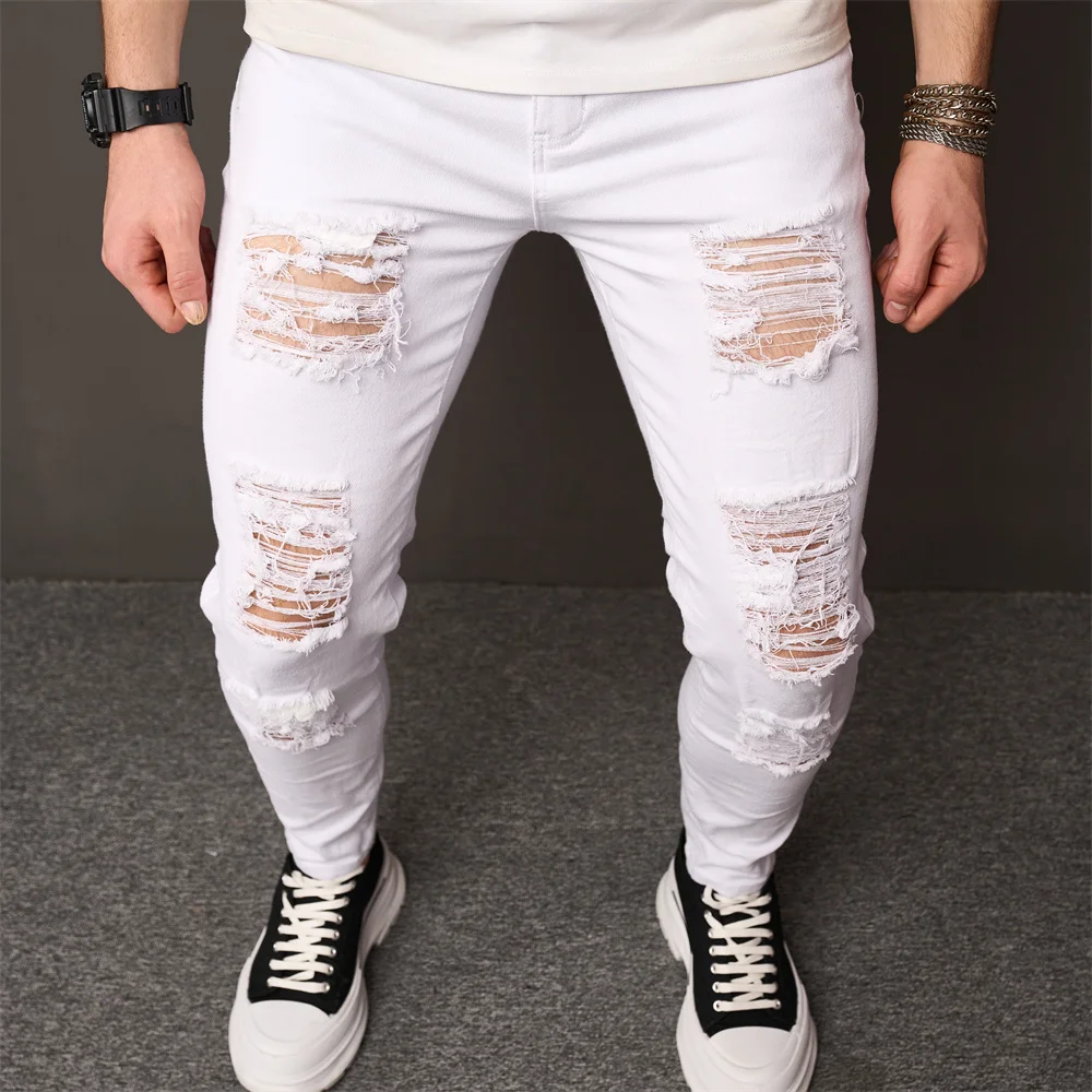 Streetwear Gaten Skinny Jeans Stijlvolle Heren Stretch Slanke Broek Distressed Scheurd Effen Heren Casual Potlood Denim Broek