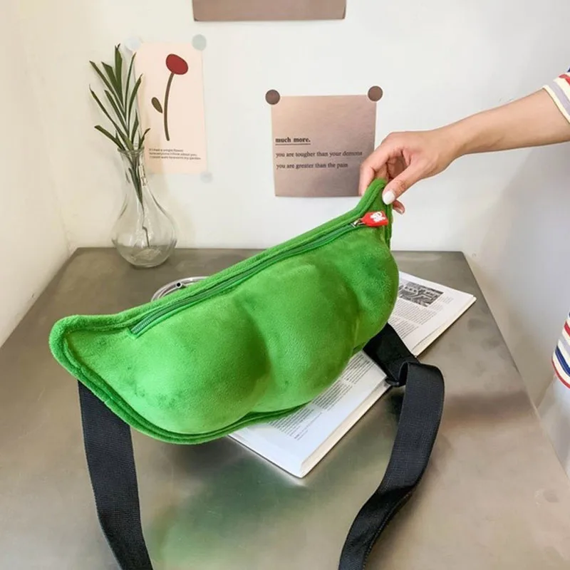 New Creative Edamame Shape Ladies Messenger Bag Plush Pea Shoulder Bag Fun And Funny Chest Bag Bolsa De Mensajero