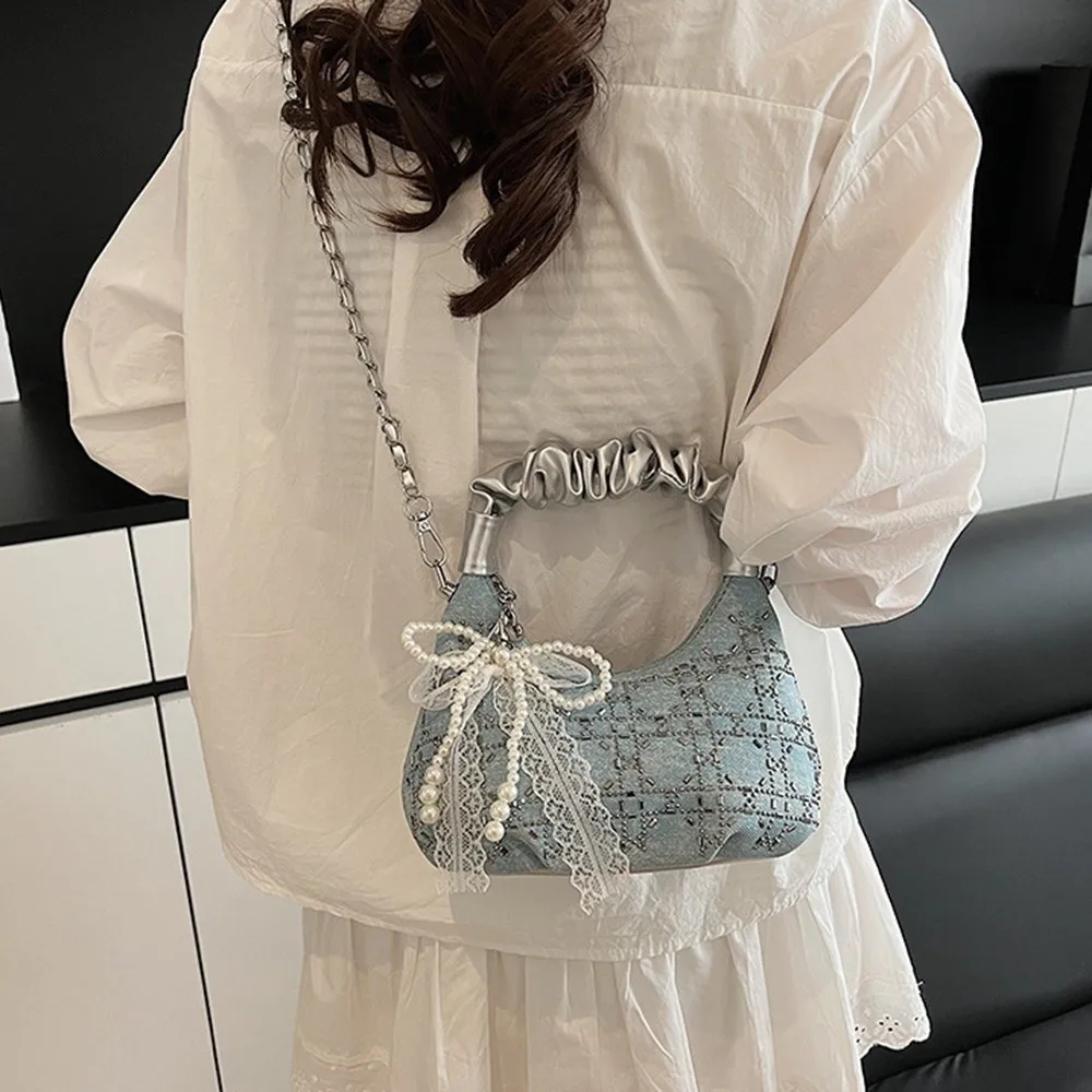 

Korean Style Sequin Pleated Handbag Exquisite Lightweight Chain Crossbody Bag Versatile Large Capacity Bow Shoulder Bag Women