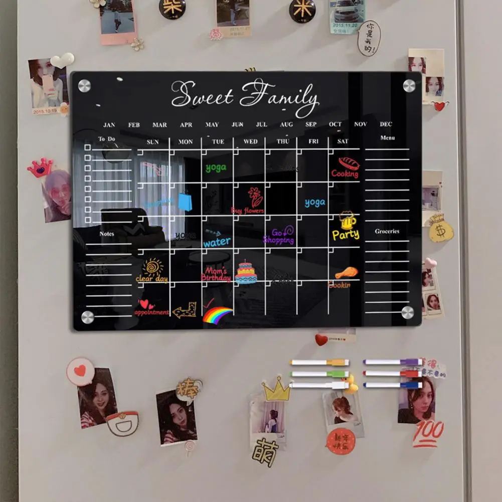 Planificador de horario para niños, calendario semanal negro, pizarra blanca con nevera magnética, tablero acrílico, texto negro, 6 marcadores fáciles