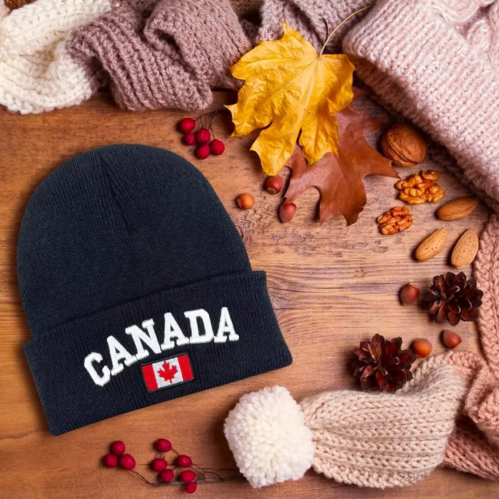 2 Pcs Canada Maple Leaf Beanie Hats Embroidered Canada Flag Beanie Hat Canadian Themed Winter Warm Patriotic Knit Cap