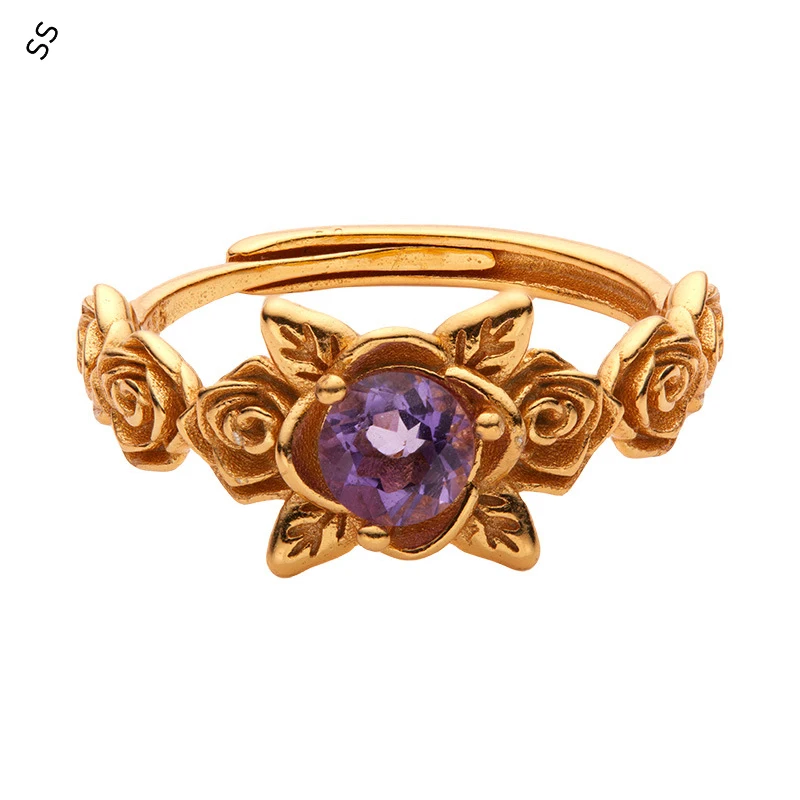 

New Gold Flower Design Ring S925 Sterling Silver Inlaid Natural Amethyst Jewel Accessories of Garment Decoration