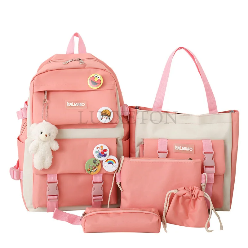 5 Piece Set Kawaii School Bag Suitable for Girls Canvas Solid Color Women Backpack Female Teenager Student Laptop Bag School Bag