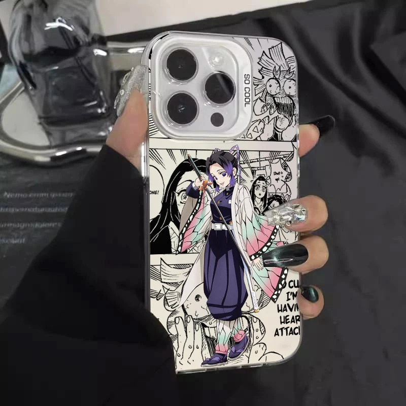 Demon Slayer Anime Strips Voor Apple Iphone 15 14 13 12 11 Xs Xr X Pro Max Plus Kleurrijk Zilveren Hoesje Telefoonhoesje