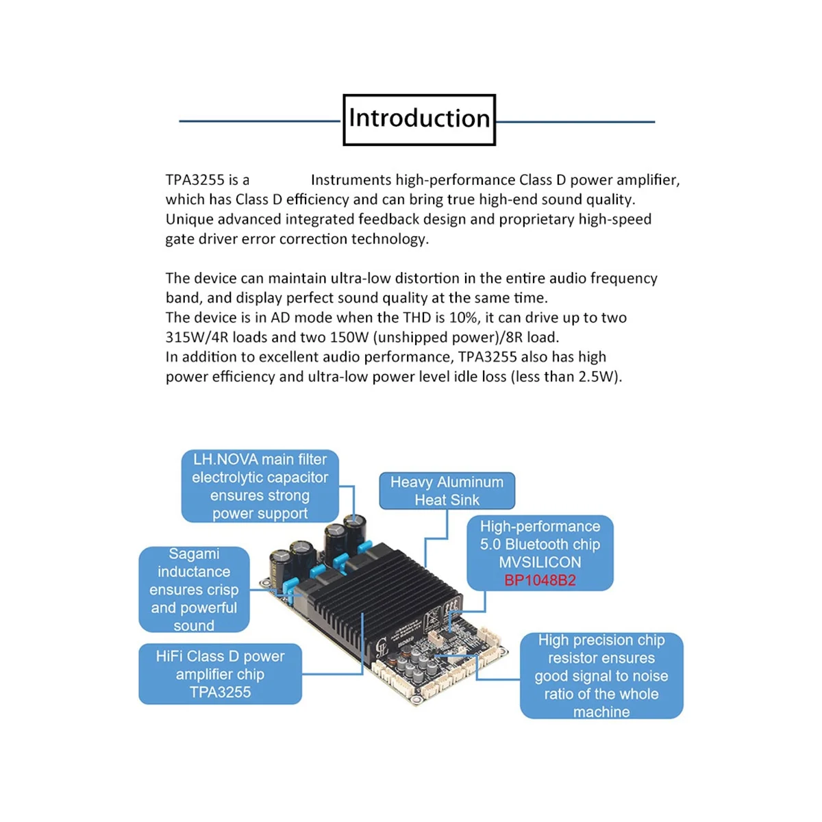 BDM9 TPA3255 2X300W Bluetooth, papan penguat daya BT5.0 Stereo daya tinggi dapat disesuaikan