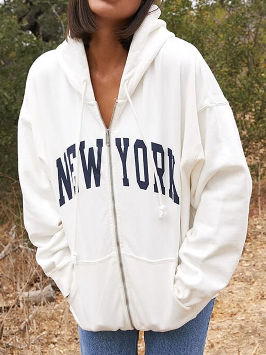 Imagem -02 - Nova York Imprimir Zip-up Hoodie Mulher 2023 Primavera Manga Longa com Capuz Bolso Branco Camisolas Casual Vintage Streetwear Y2k Tops