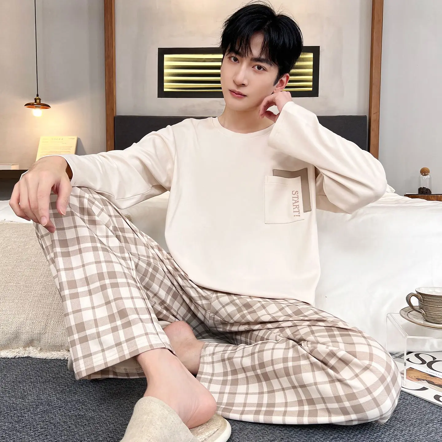 2026 Spring Autumn Long Sleeve Pajama Sets for Men Korean Casual Plaid Sleepwear Pyjama Suit Women Homewear Home Clothes Outfits
