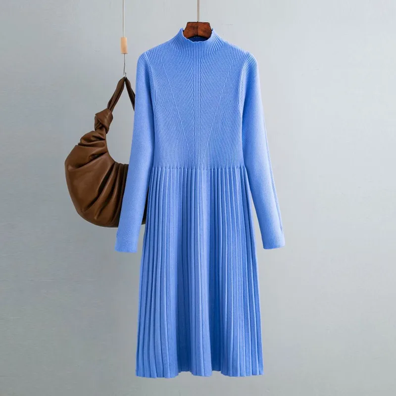 Winter Warm Soft Knit Sweater Dress Women New Autumn Dress Solid Mockneck Thickened Midi Long Waist Dress Vestidos Elegantes