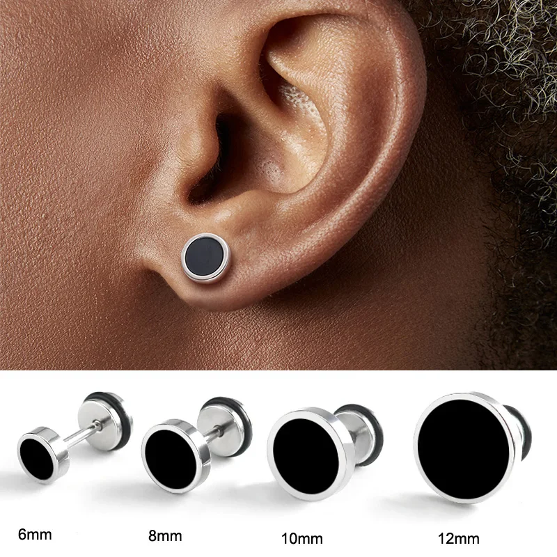 Punk Titanium Steel Men's Earings Round Black Oil Drip Stud Earrings For Men Hiphop Stainless Steel Ear Accessories Jewelry Gift