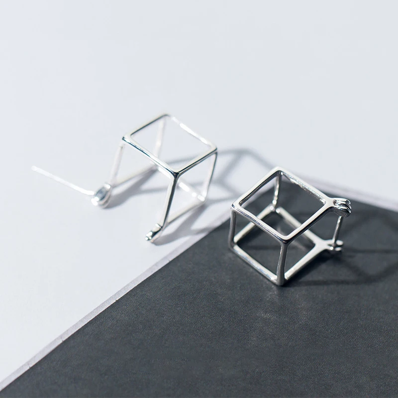Modian New Design Geometric 3D Square Cube Stud Earrings for Women Authentic 925 Sterling Silver Stylish Minimalism Jewelry Gift
