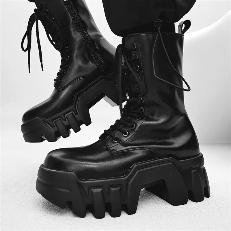 Thick Soled Mid-Calf Boots Men Lace-Up Punk Style Motorcycle Short Boots Height Increasing 8Cm High Bottomed Male Boots