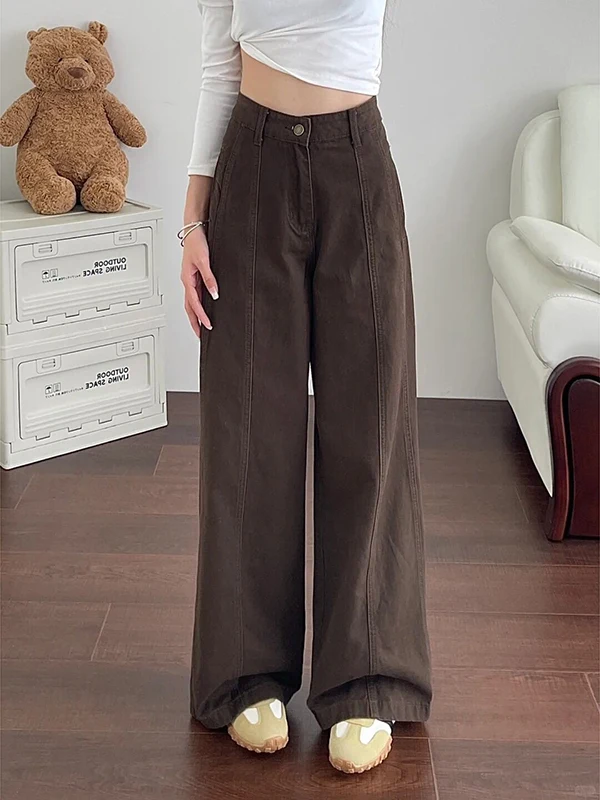 กางเกงยีนส์ขากว้างเอวสูงสีน้ำตาลสำหรับผู้หญิง ฤดูใบไม้ร่วง ฤดูหนาว รุ่นใหม่ ทรงหลวม ทรงตรง ดีไซน์วินเทจลายมีด