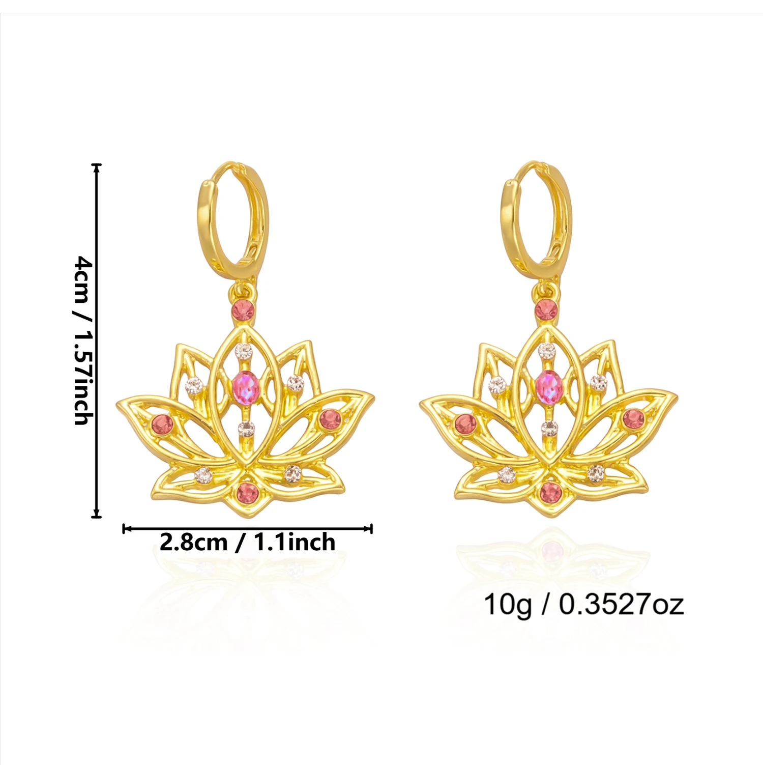 Elegante goldfarbene hohle Lotusblüten-Ohrringe für Damen, Boho, glitzernde Strass-Tropfenohrringe, spiritueller Kristallschmuck, Geschenk – Detail 14