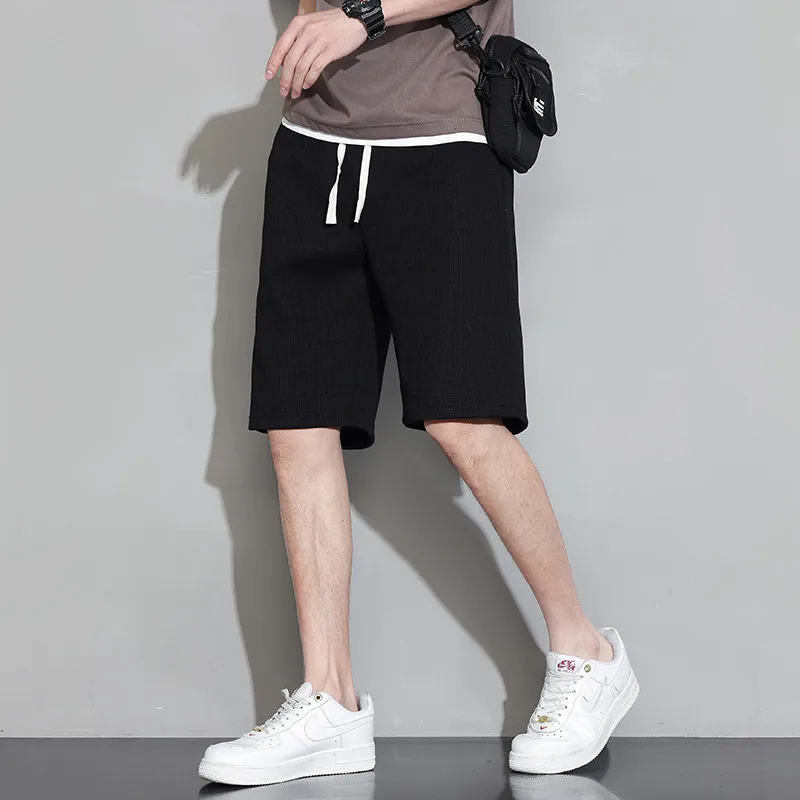 Men Shorts Solid Color Mid Waist Summer Shorts Waffle Texture Deep Crotch Drawstring Male Shorts Loose Knee Length Casual Short image 6