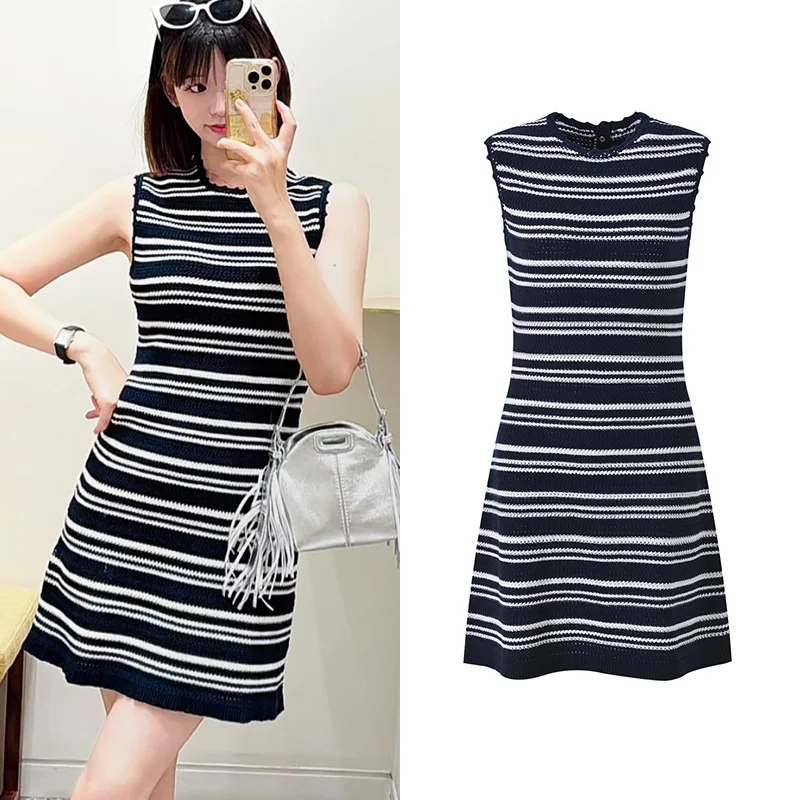 

CHUJIE женское летнее вязаное платье в полоску во французском стиле 2025 года — без рукавов с круглым вырезом из вискозы и нейлона