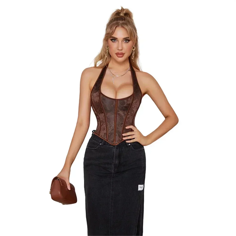 Vintage Corset Halter Neck Bustier Crop Top Women Sexy Retro Korset Basques Brown