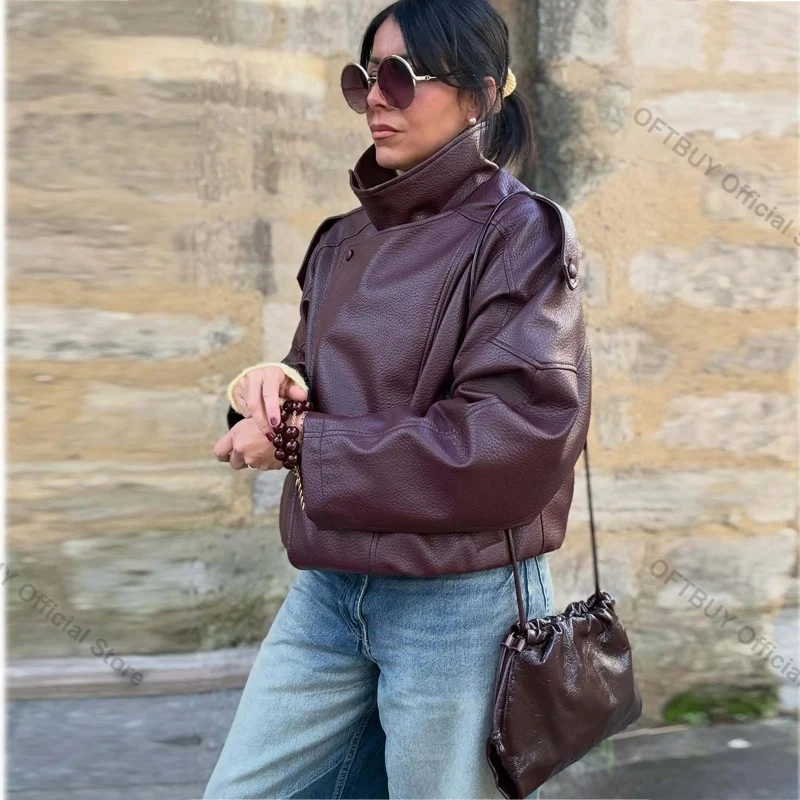 OFTBUY Women's PU Leather Jacket Female Overcoat Casual PU Jacket Motorcycle Style Leather Coat Elegant Faux Leather Coat Women