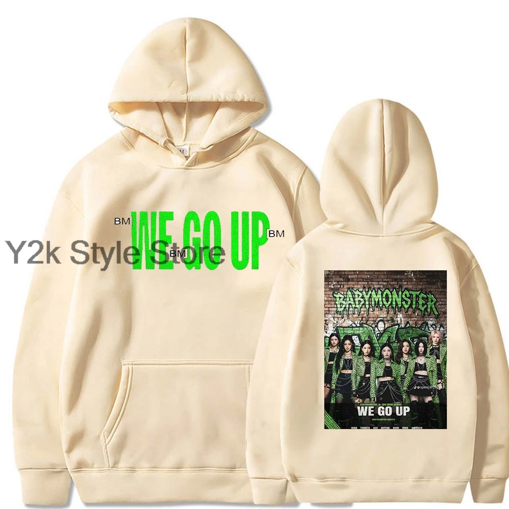 Kpop BABYMONSTER نحن نذهب مع هوديس Y2K امرأة بلوزات القوطية إلكتروني طباعة ملابس الشتاء رجل الهيب هوب harajuku الشتاء هوديس