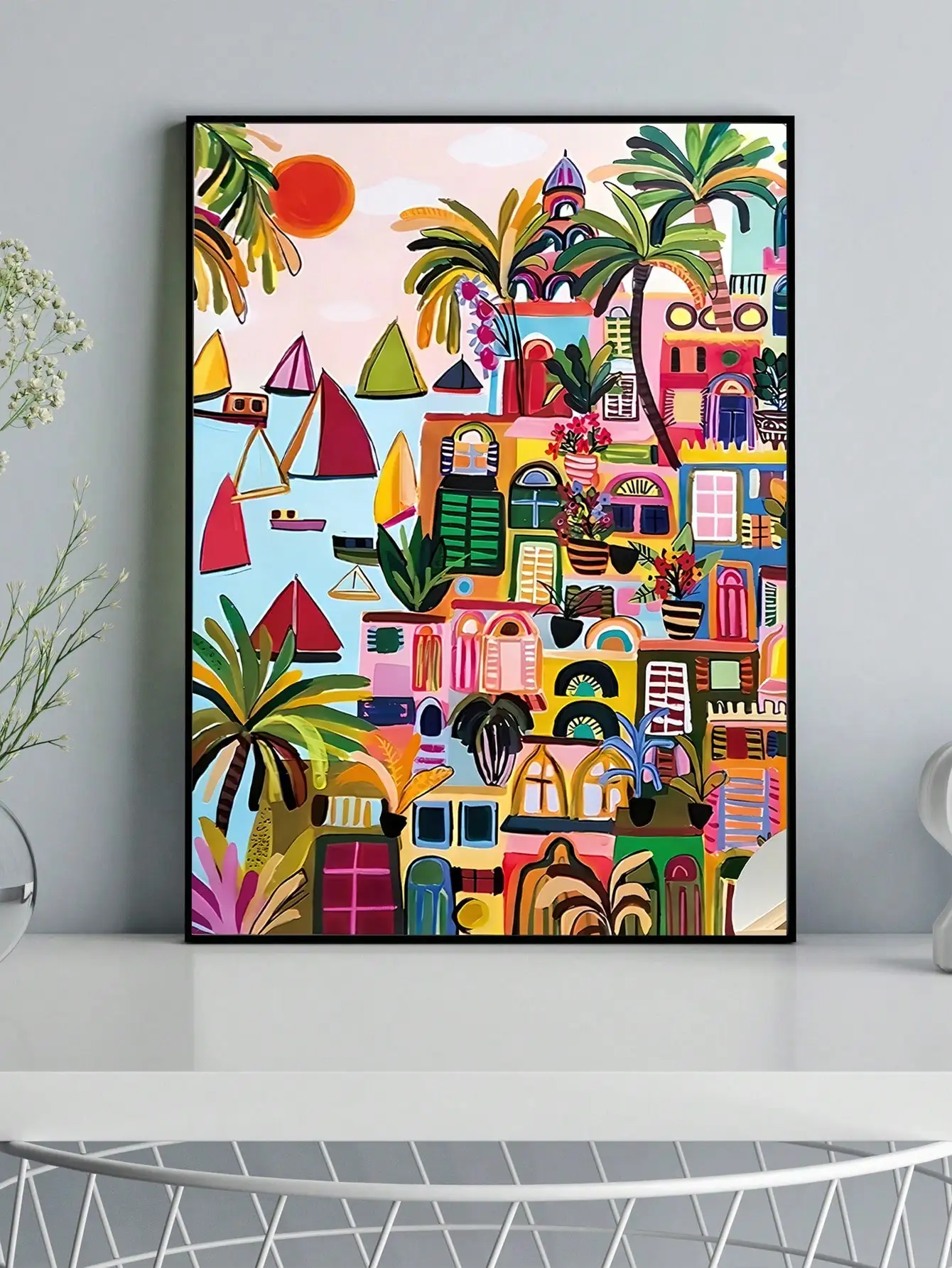 Modern Color Mediterranean Landscape Canvas Prints Watercolor with Fine Line Pen Wall Art Poster for Living Room Home Decor Gift