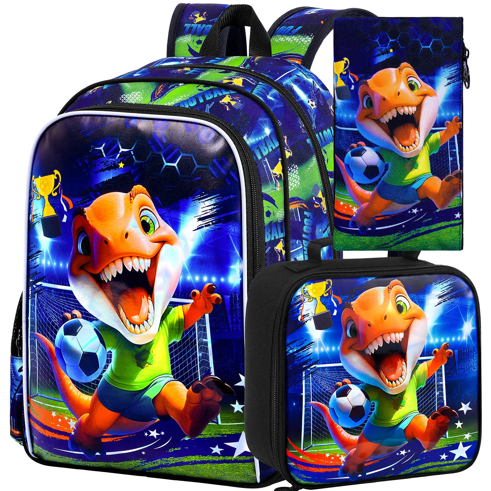 Kids backpack 16Inch 3PCS, UV Soccer Dinosaur Large Capacity Lightweight Set, One Backpack,One Handbag,One Pencil Case