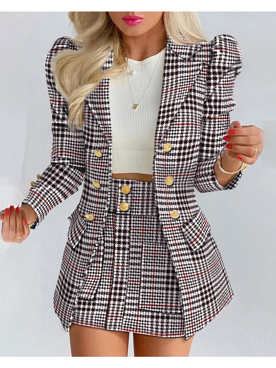 Zestawy dla kobiet 2 części 2024 Wiosna Plaid Print Notched Neck Long Sleeve Blazer & Elegant High Waist Mini Skirt Set Office Lady — zdjęcie 2
