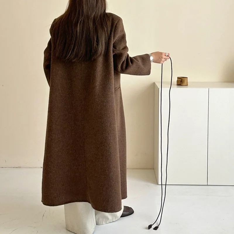 EAEOVNI 기품 있는 100% 울 롱코트 여성 패션 솔리드 컬러 레이스업 디자인 오피스 레이디 재킷 2025 가을 겨울 신상