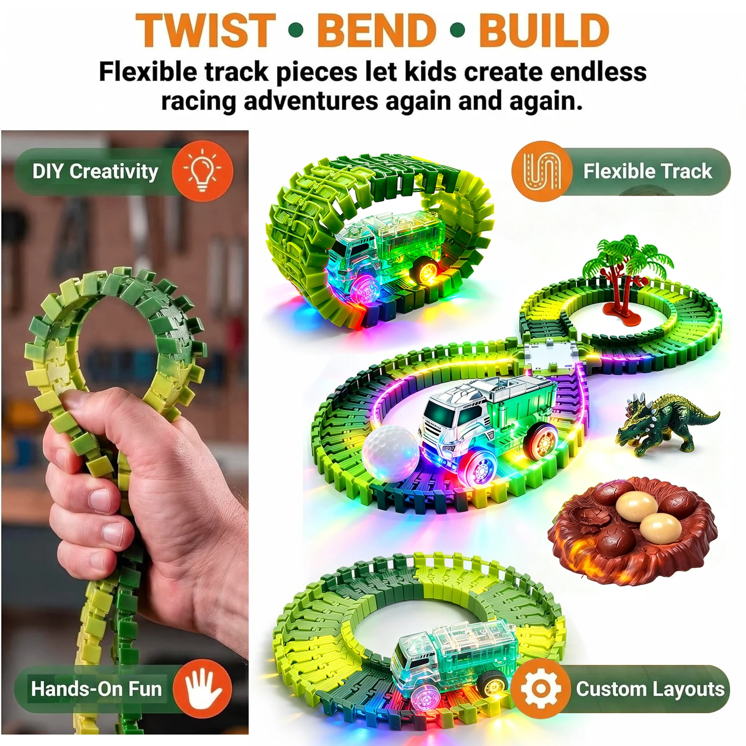 Pista de dinosaurios flexible, pista mágica de dinosaurios, luz LED transparente, pista de carreras de camiones de ingeniería, juguete de construcción DIY