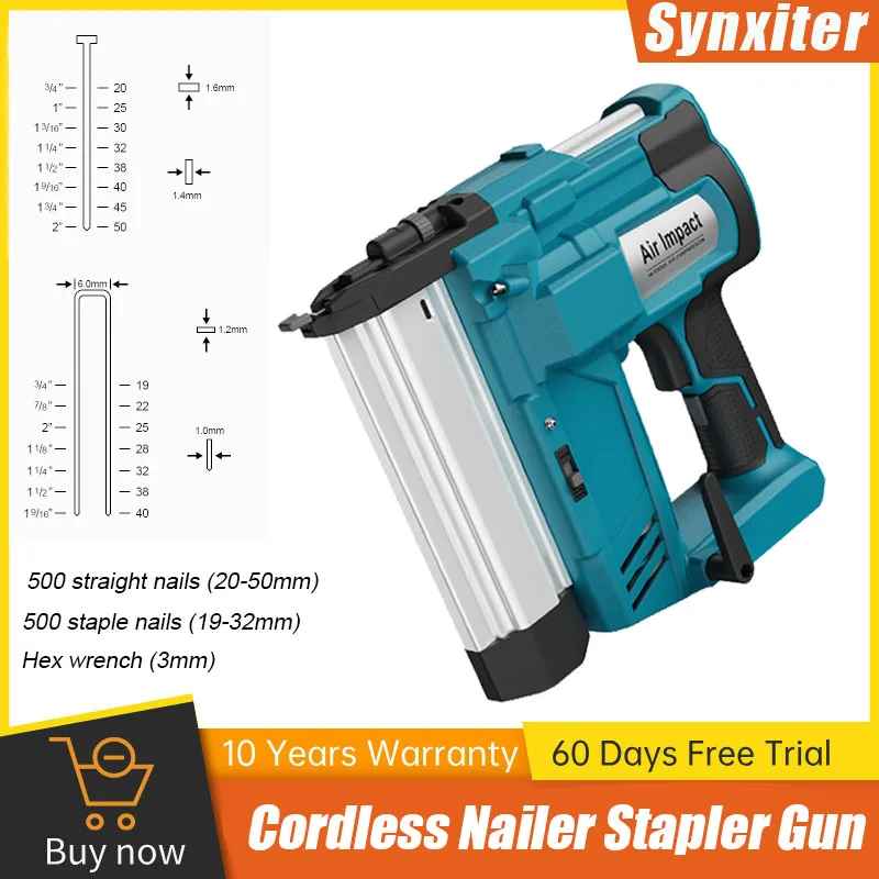 18V Cordless Nail Staple Gun Fits 20-50mm Straight Nails & 19-32mm Staples 500Pcs Load LED Light Woodworking Electric Nailer