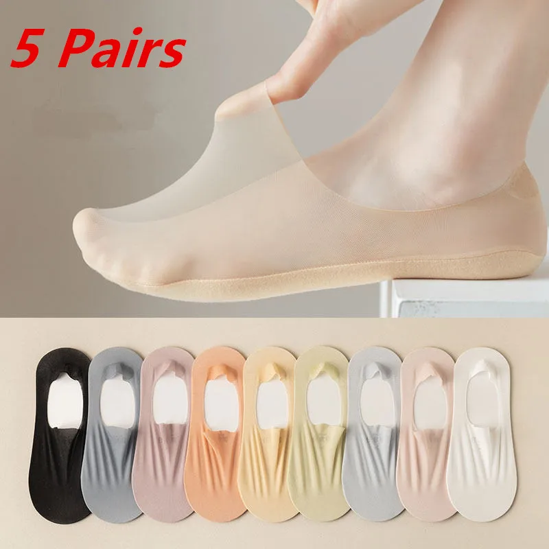 5 Pairs/Lot Short Socks Women's Summer Ultra-thin Invisible Low Cut Silicone Anti-slip Mesh No Show Ice Silk Solid Boat Socks