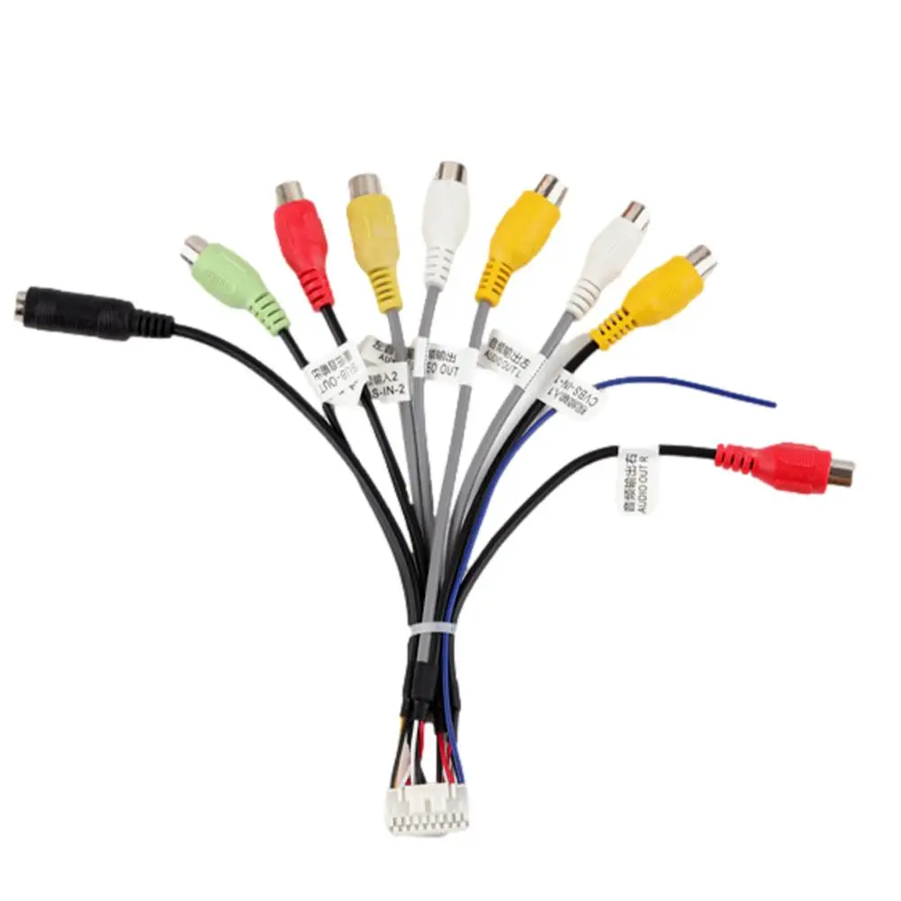 20 Pin RCA Audio Video Cable Subwoofer Output Socket CVBS Aux In Amp Control Wire Fan 12V Power Jack Mic Harness For Car Android