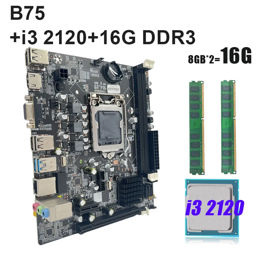 

Материнская плата KEYIYOU B75, материнская плата с процессором Core I3 2120 2*8 ГБ DDR3 LGA 1155 с процессором и памятью 1155, комплект материнской платы