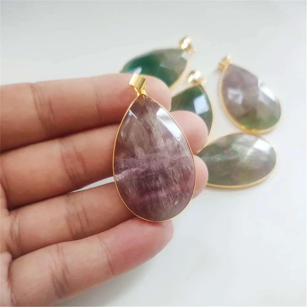 FUWO Wholesale Natural Fluorite Pendants,Golden Plated Bezel Rainbow Crystal Water Drop Accessories For Jewelry Make 5Pcs PD188