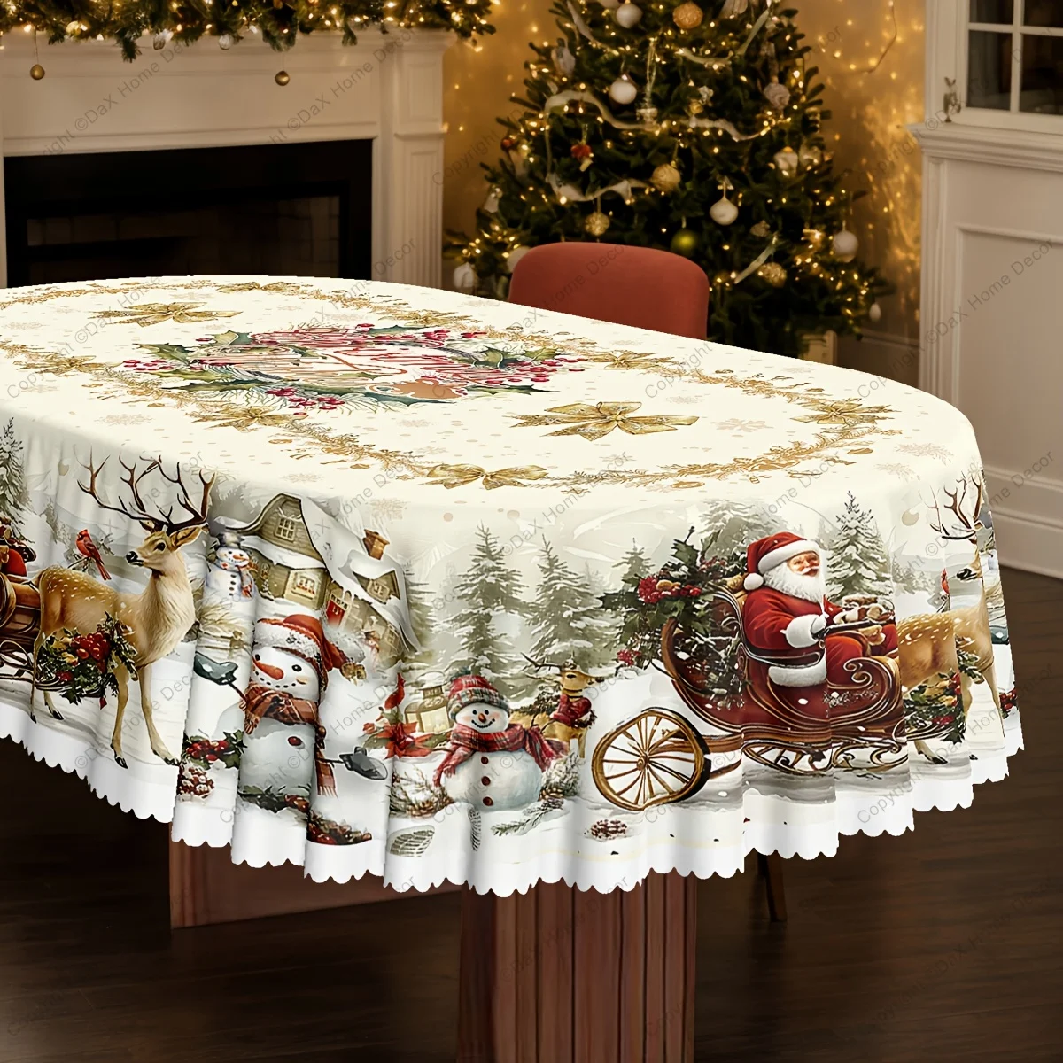 Pack of 1, Christmas New Year Themed Tablecloth, Santa Claus Snowman Christmas Tree Reindeer Blessing Winter Snow Tablecloth